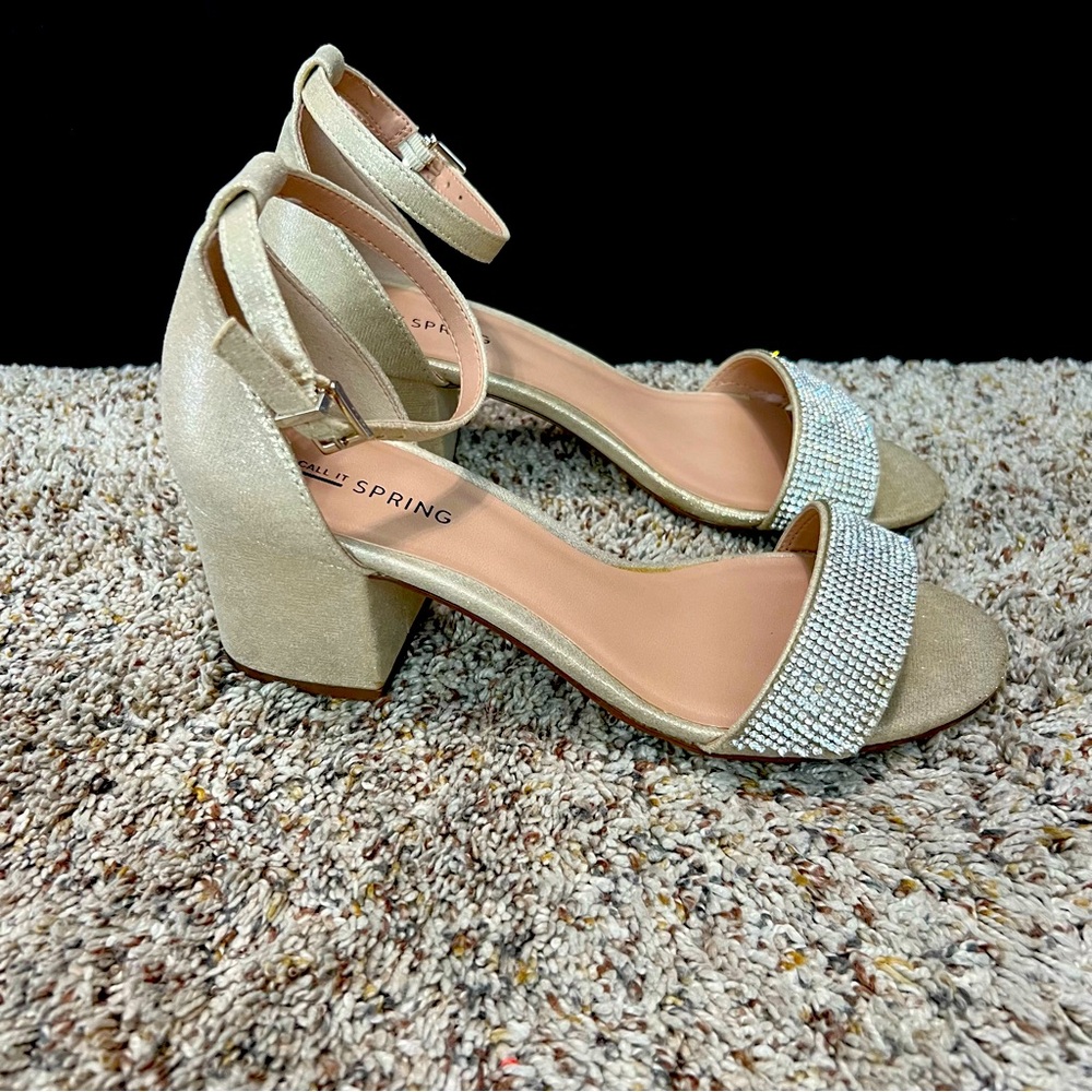Call it Spring Golden Block Heel with Silver Rhinestones Size 7